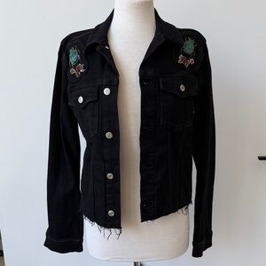 7 for all Mankind Embroidered Black Cropped Raw edged Denim Jacket